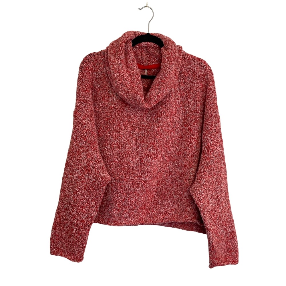 Free People Leo Cowl Neck Sweater Red Marled Boucle Knit Oversized OB1032730 L